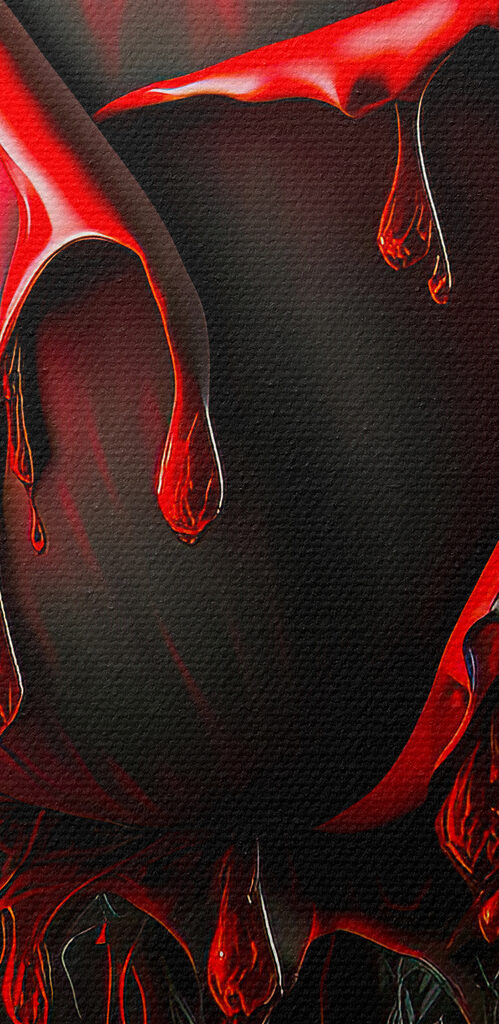 A red rose with green leaves and dripping red paint