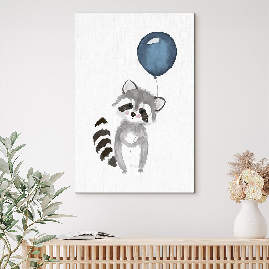 A raccoon holding a balloon