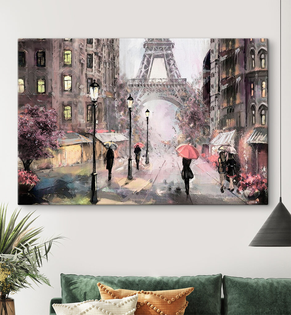 A painting of people walking with umbrellas in a city