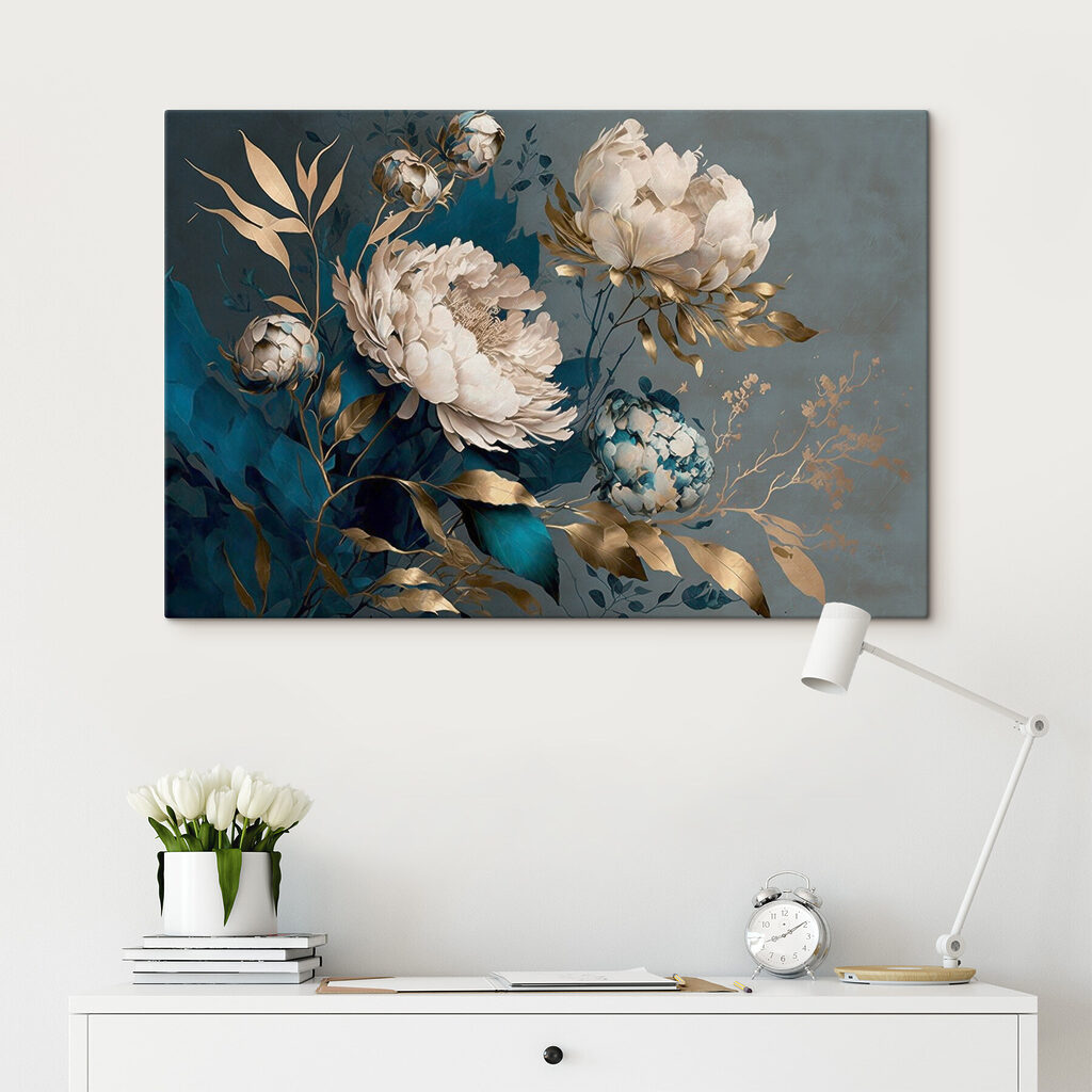 A painting of flowers and leaves