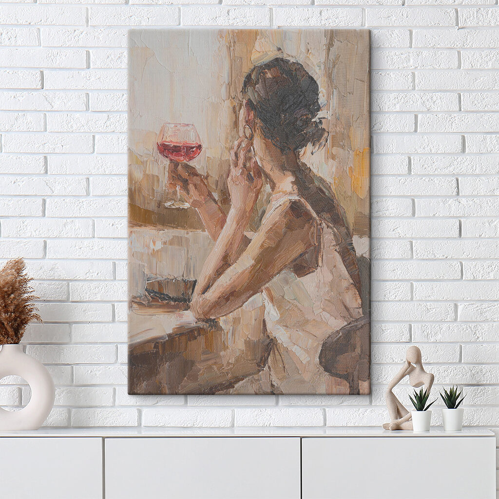 A painting of a woman holding a glass of wine