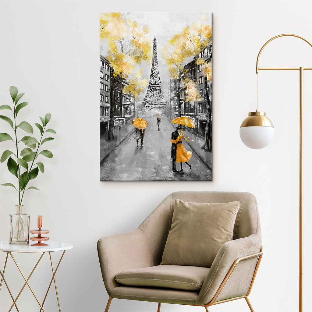 A painting of a street with people walking under an umbrella A painting of a street with people walking under an umbrella