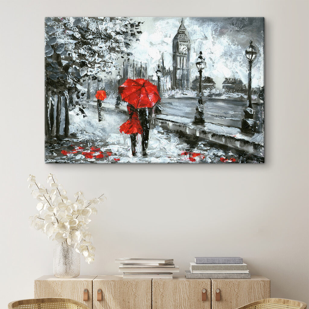 A painting of a couple holding umbrellas in a snowy city A painting of a couple holding umbrellas in a snowy city