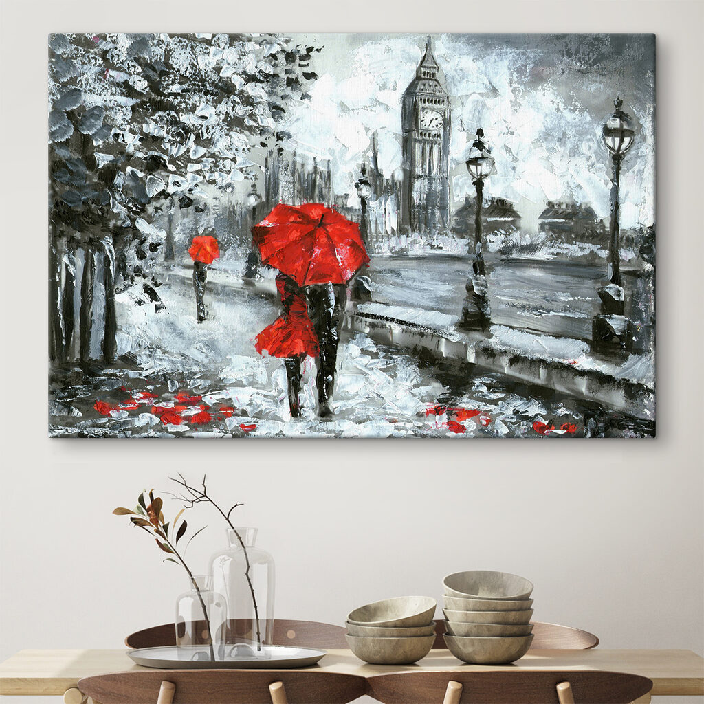 A painting of a couple holding umbrellas in a snowy city A painting of a couple holding umbrellas in a snowy city