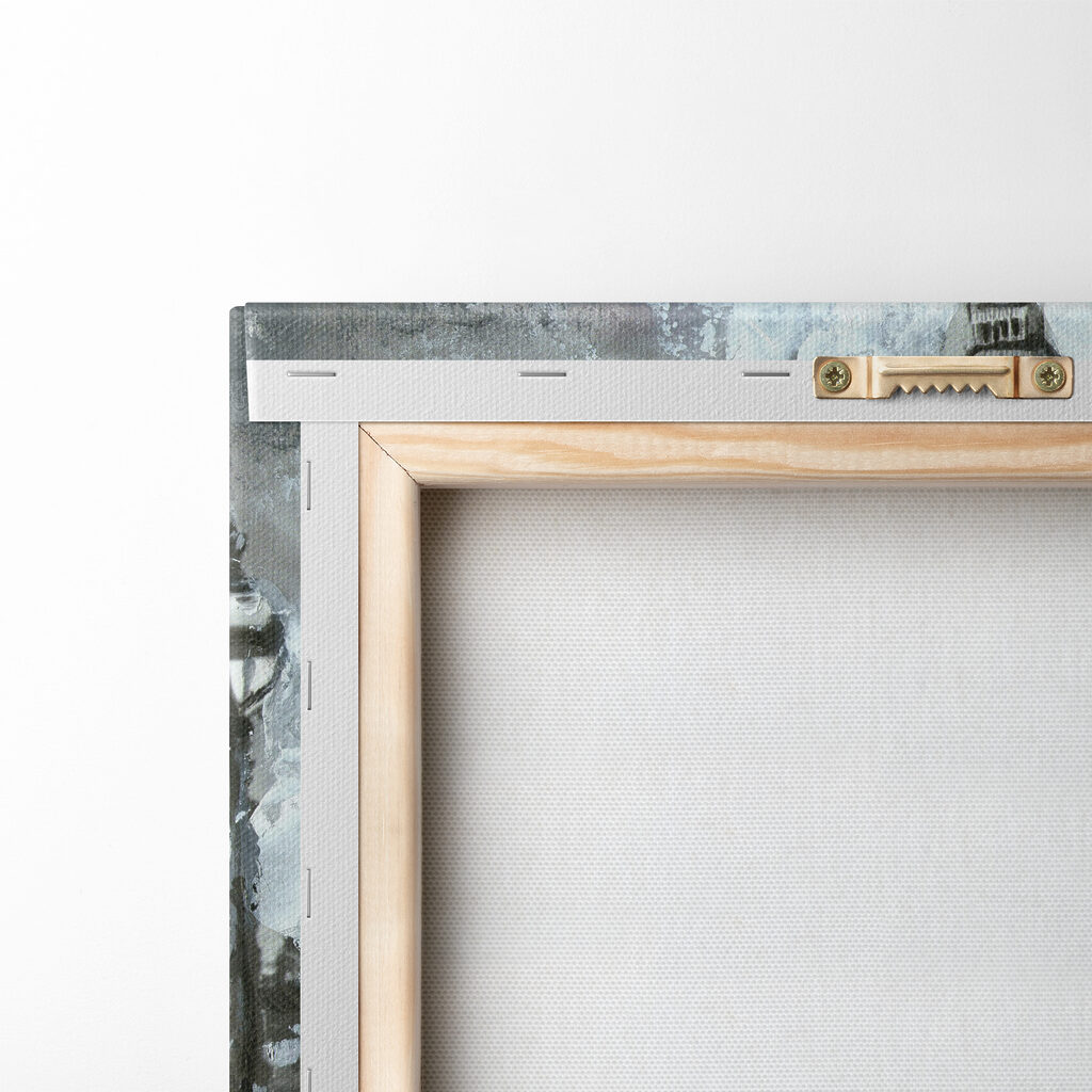 A painting of a couple holding umbrellas in a snowy city A painting of a couple holding umbrellas in a snowy city