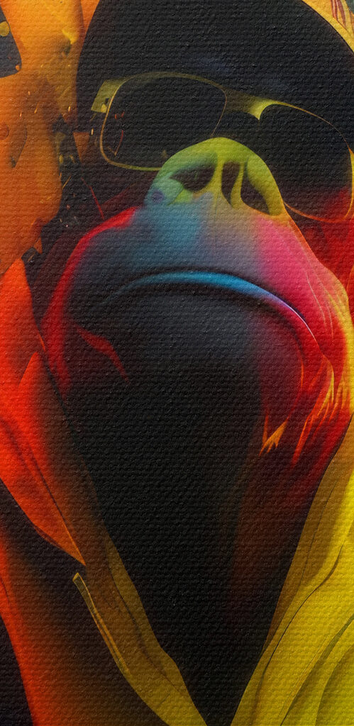 A collage of images of a monkey with colorful paint splashes