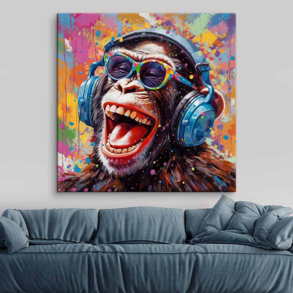 A monkey wearing headphones and sunglasses