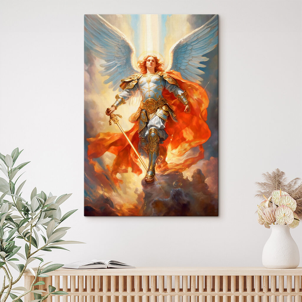A painting of a person in armor with wings and a sword A painting of a person in armor with wings and a sword
