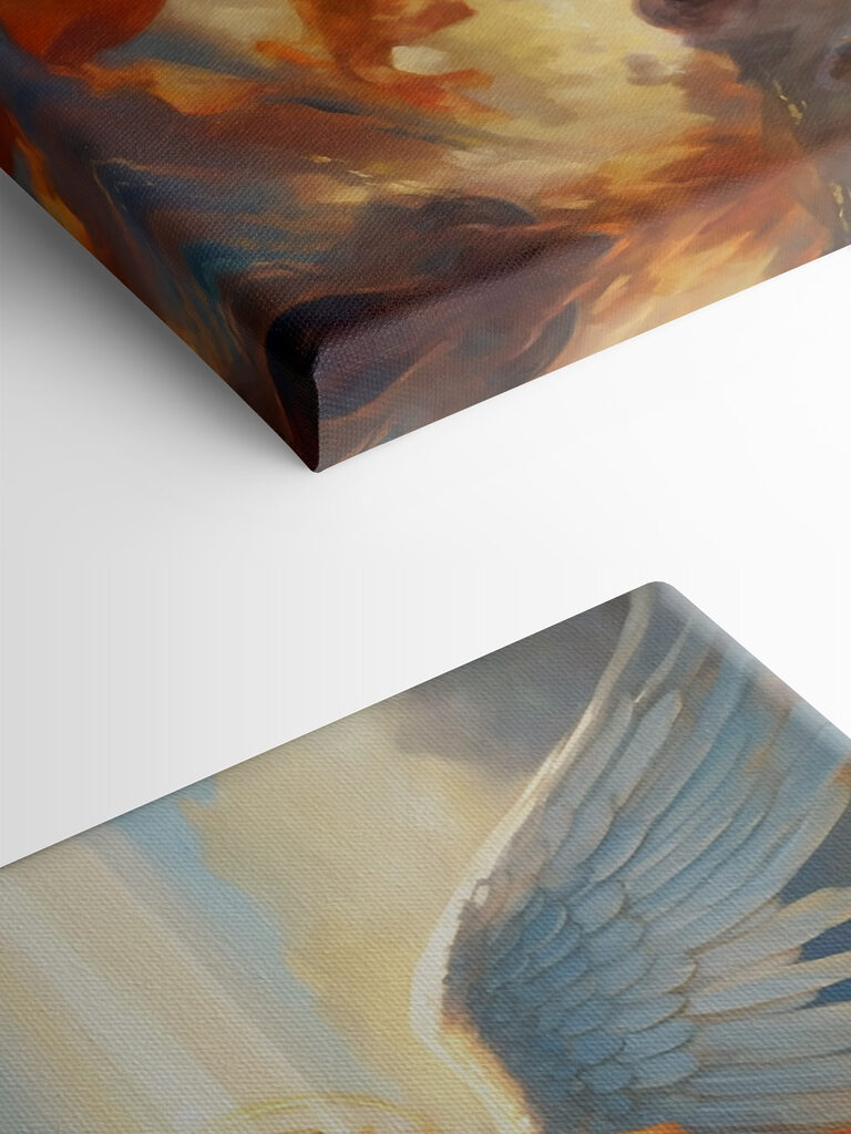 A painting of a person in armor with wings and a sword A painting of a person in armor with wings and a sword