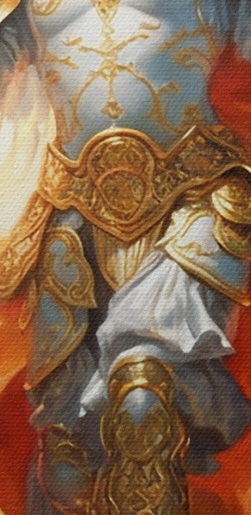 A painting of a person in armor with wings and a sword A painting of a person in armor with wings and a sword