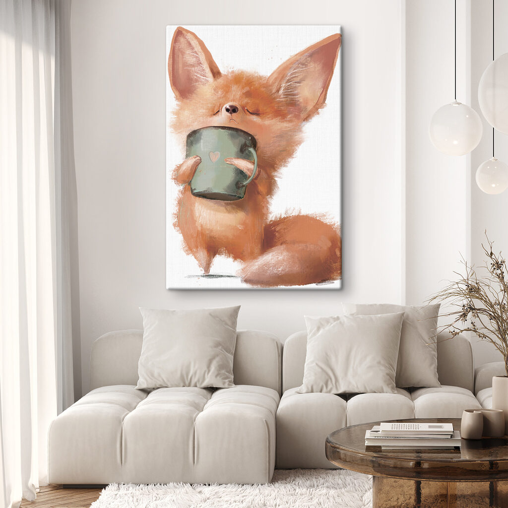 A fox holding a mug