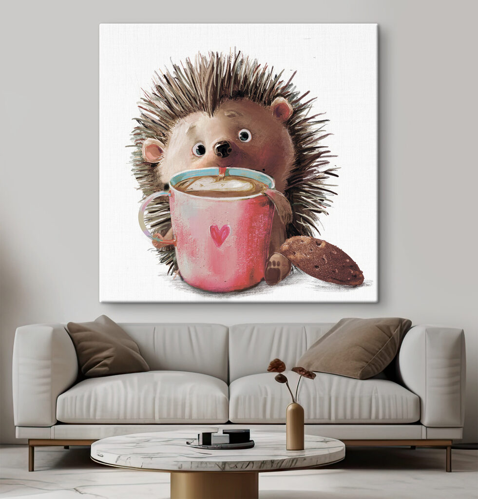 A hedgehog holding a cup of coffee