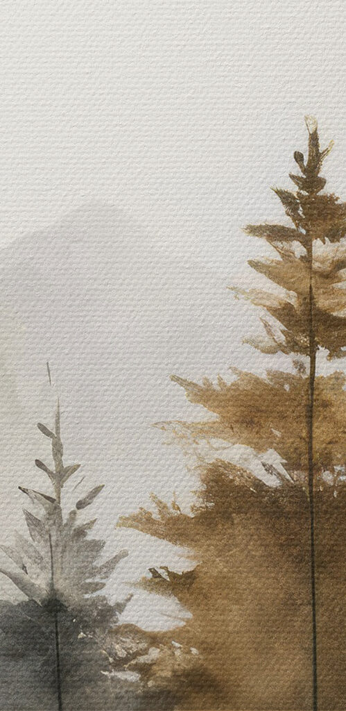Watercolor of trees and mountains