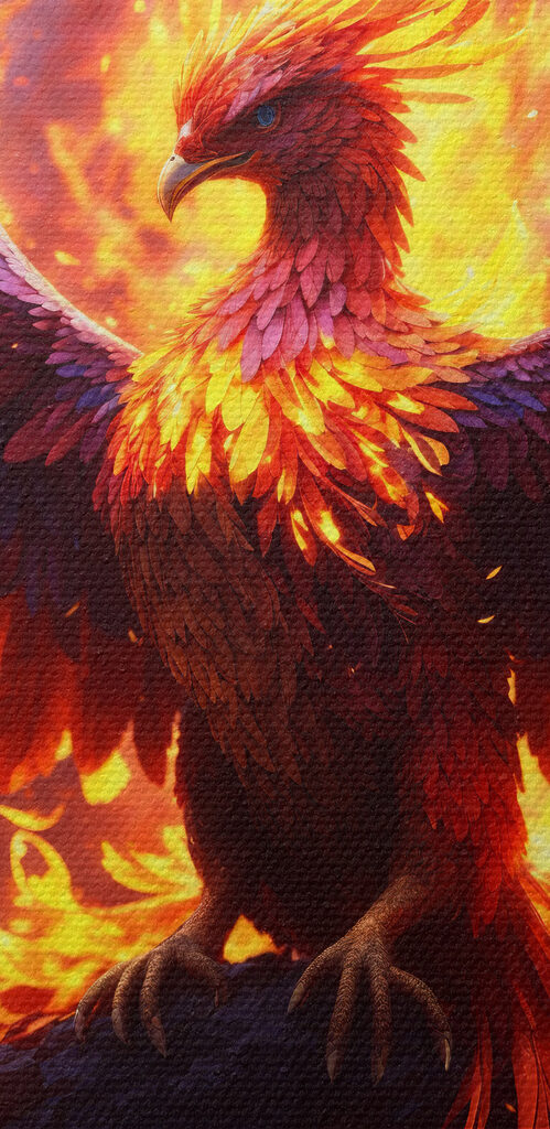 A bird with wings spread and flames in the background