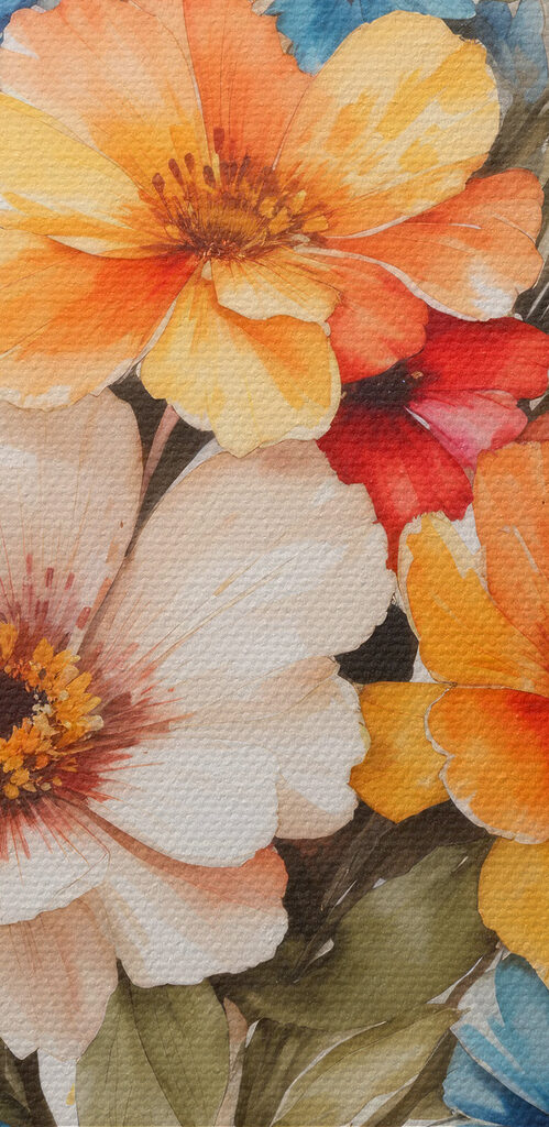 A painting of flowers on a white surface A painting of flowers on a white surface