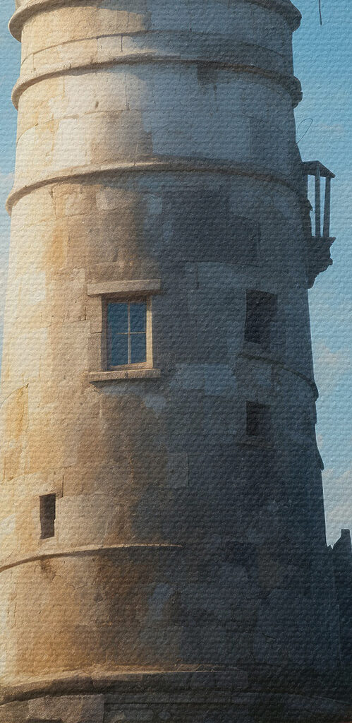 A lighthouse on a rock with Ford Island in the background
