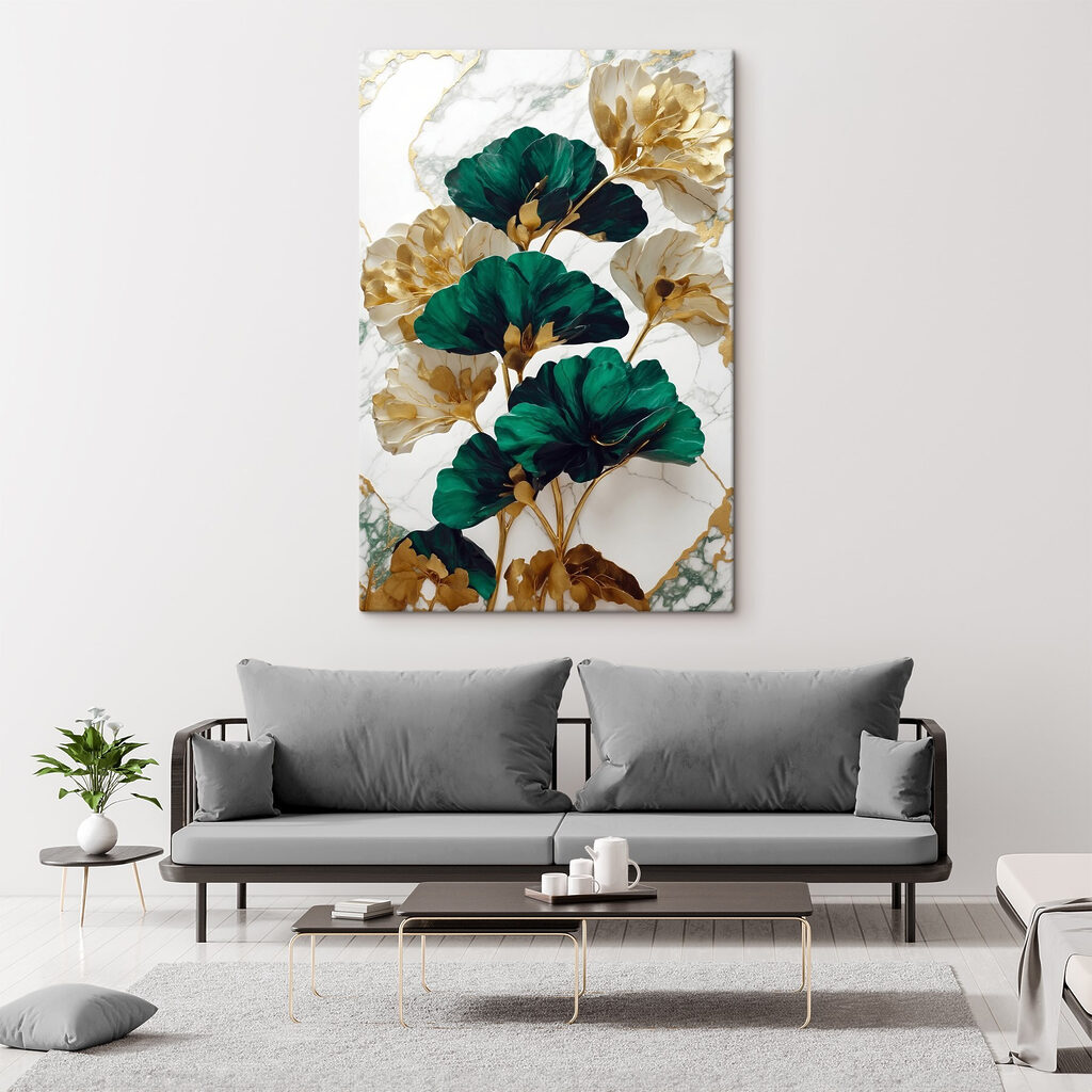 A green and white flowers on a marble surface