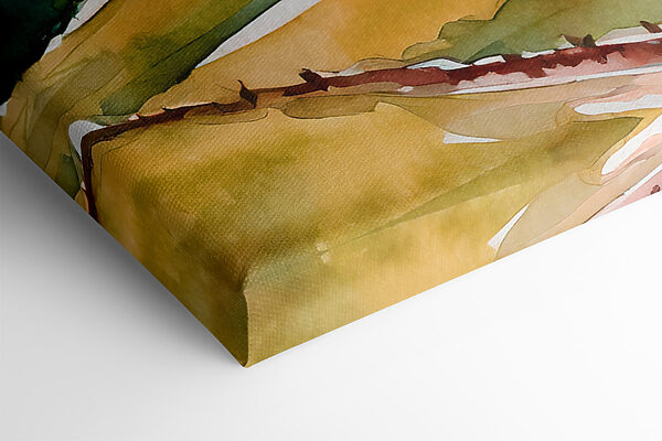 Watercolor of a house on a hill with trees and hills