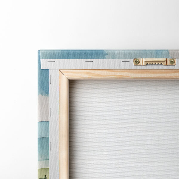 Watercolor of a house on a hill with trees and hills