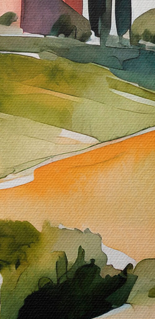 Watercolor of a house on a hill with trees and hills
