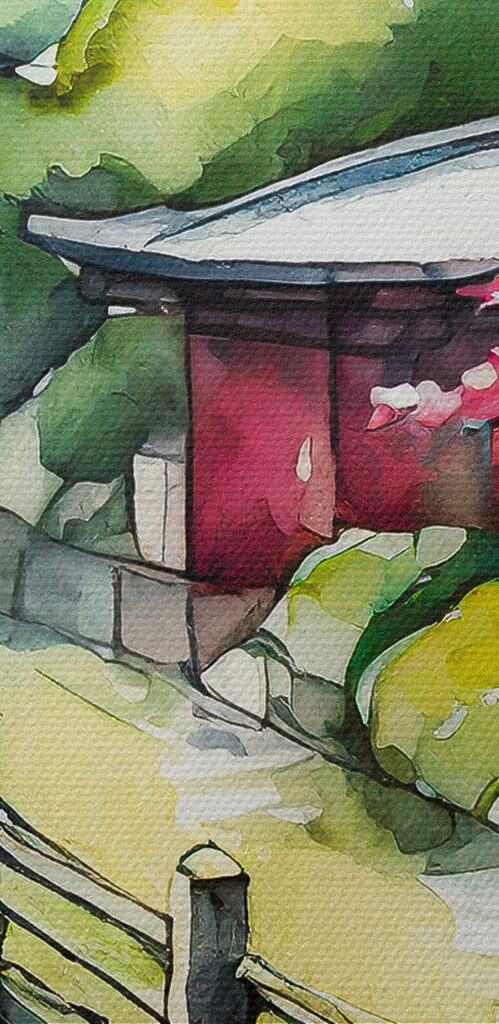 A watercolor painting of a boat on a river