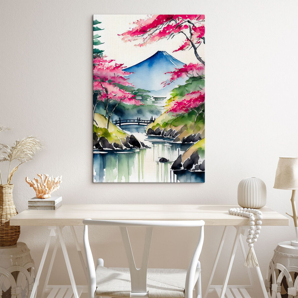 Watercolor painting of a mountain and trees with pink flowers