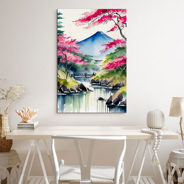 Watercolor painting of a mountain and trees with pink flowers