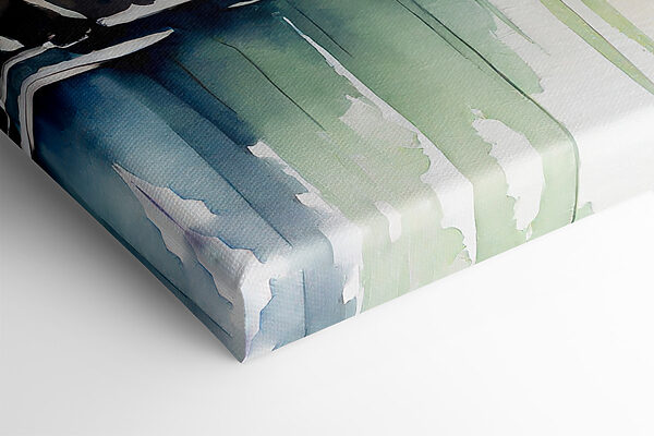 Watercolor painting of a mountain and trees with pink flowers