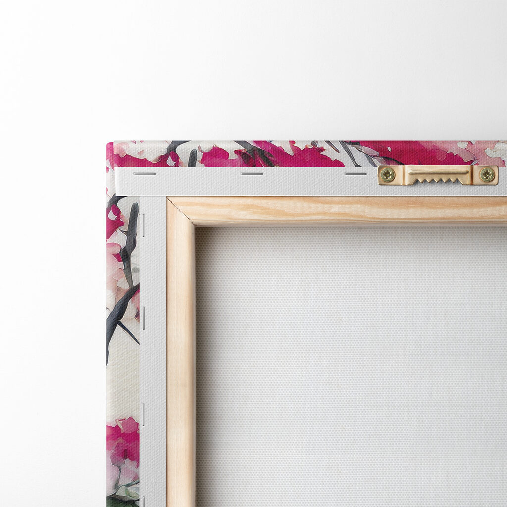 Watercolor painting of a mountain and trees with pink flowers