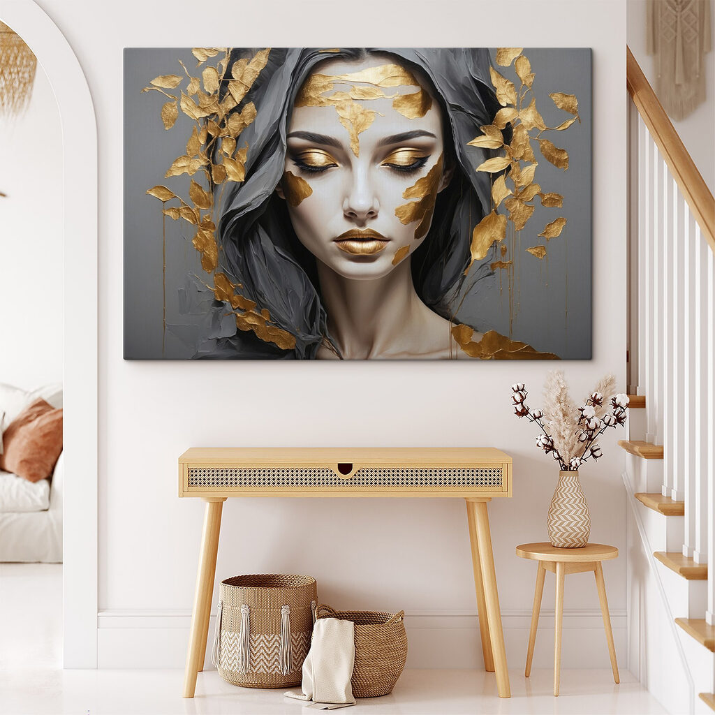 Ethereal beauty adorned in metallic leaves Ethereal beauty adorned in metallic leaves