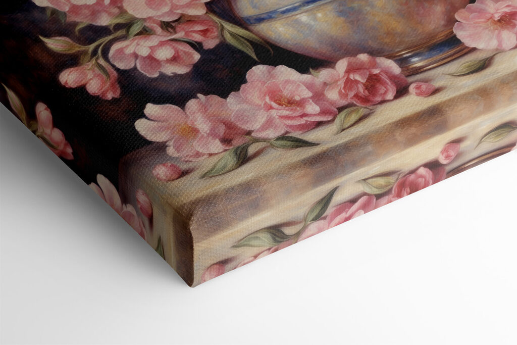 A painting of pink flowers in a vase