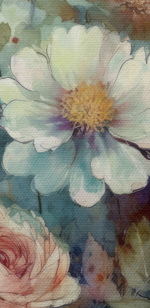 A painting of flowers on a blue background