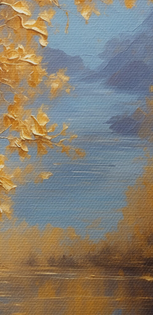 A painting of trees and water