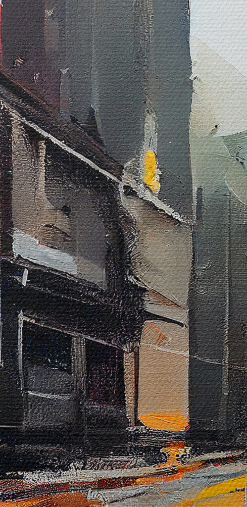 A painting of a street with buildings A painting of a street with buildings