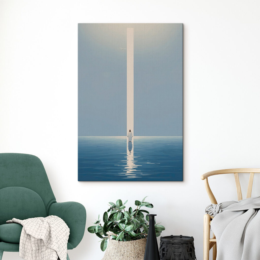 A person standing in water with a light beam