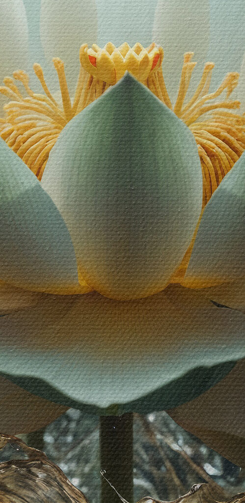 A white flower with yellow center and water splashing out