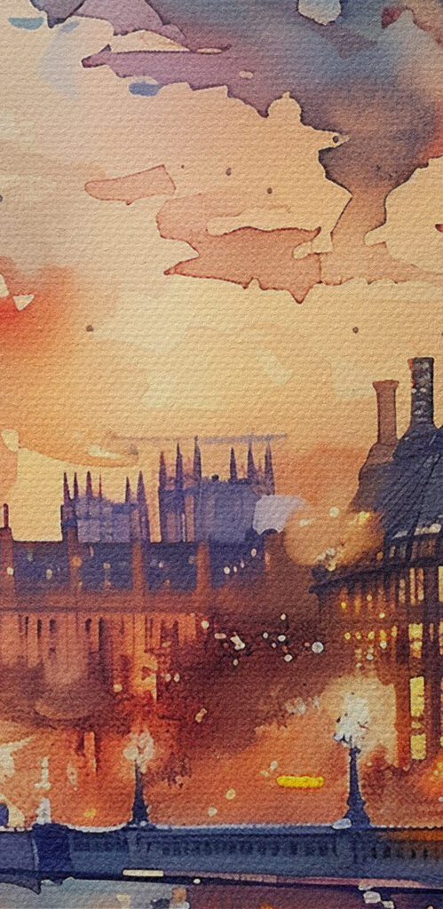 A watercolor painting of a city with a clock tower and a river