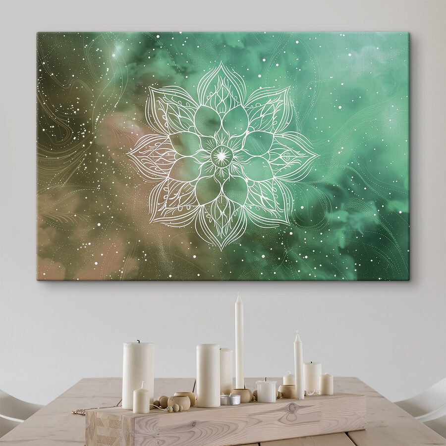 Fehér mandala zöld és kék háttéren Fehér mandala zöld és kék háttéren