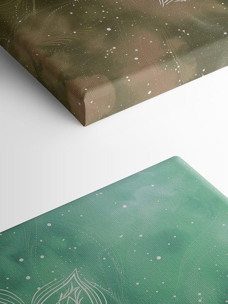 A white mandala on a green and blue background