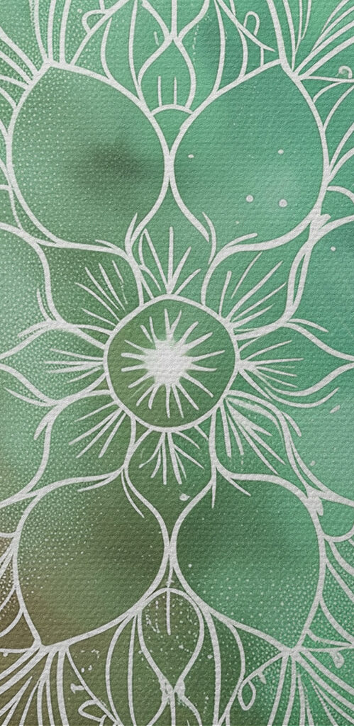 A white mandala on a green and blue background