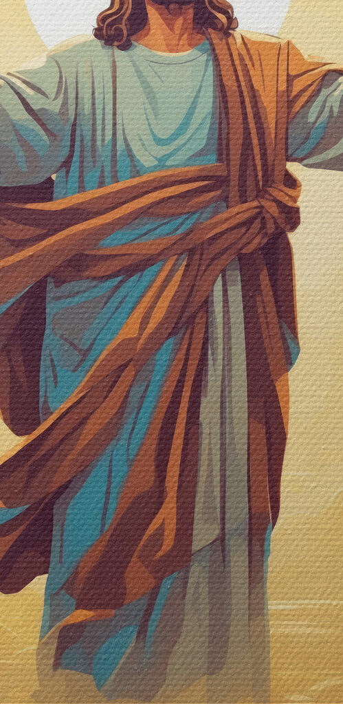 A painting of a man in a robe with his arms out in the air