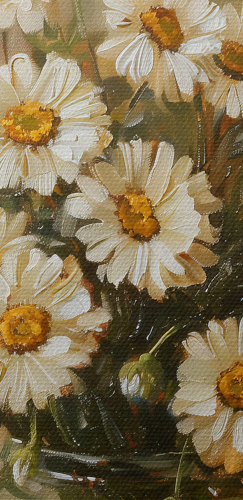 A painting of a vase of flowers