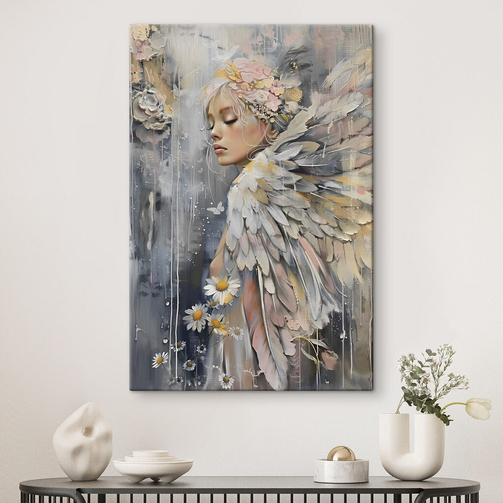 A painting of a woman with wings and flowers A painting of a woman with wings and flowers