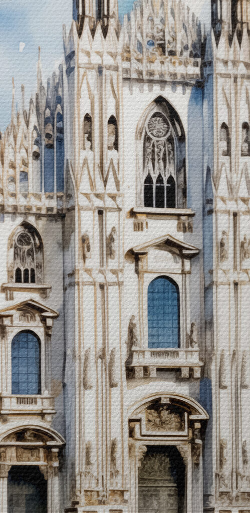 A watercolor of a building with people walking around
