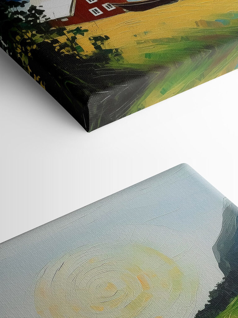 A painting of a house and boats on a lake