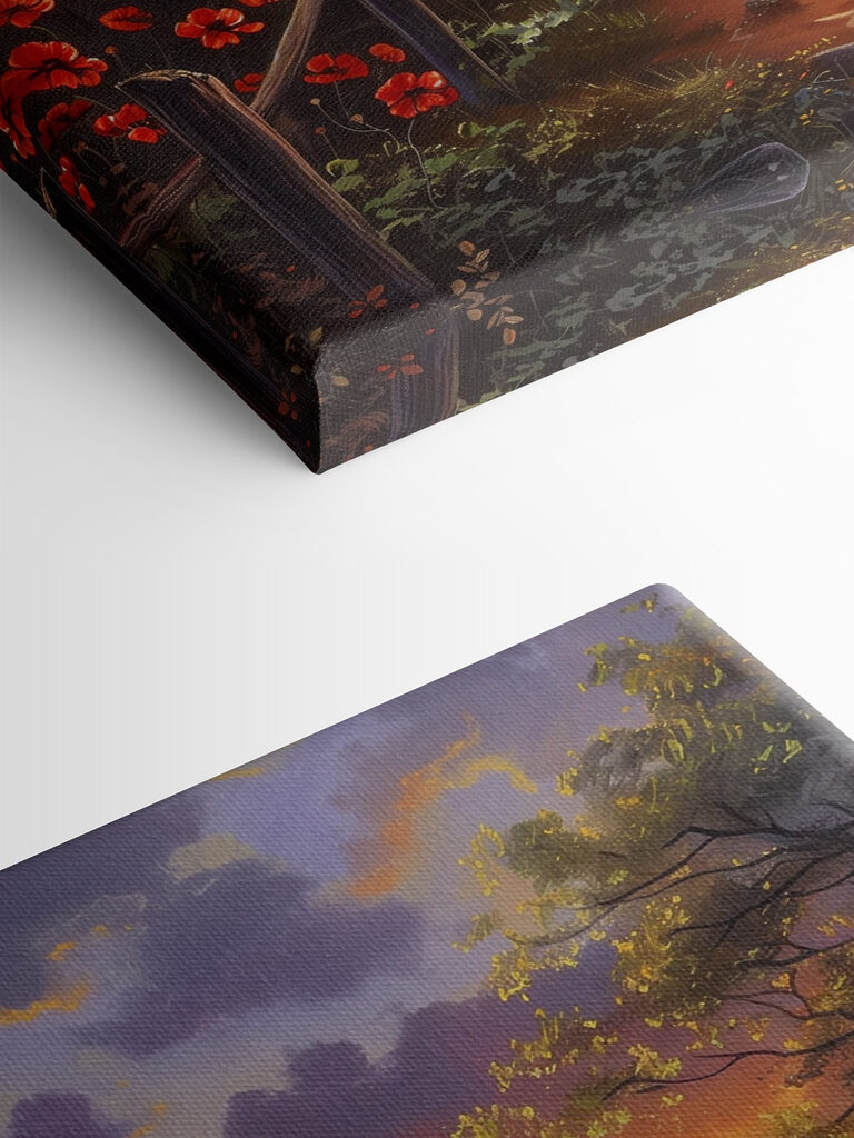 A painting of a path leading to a body of water with flowers