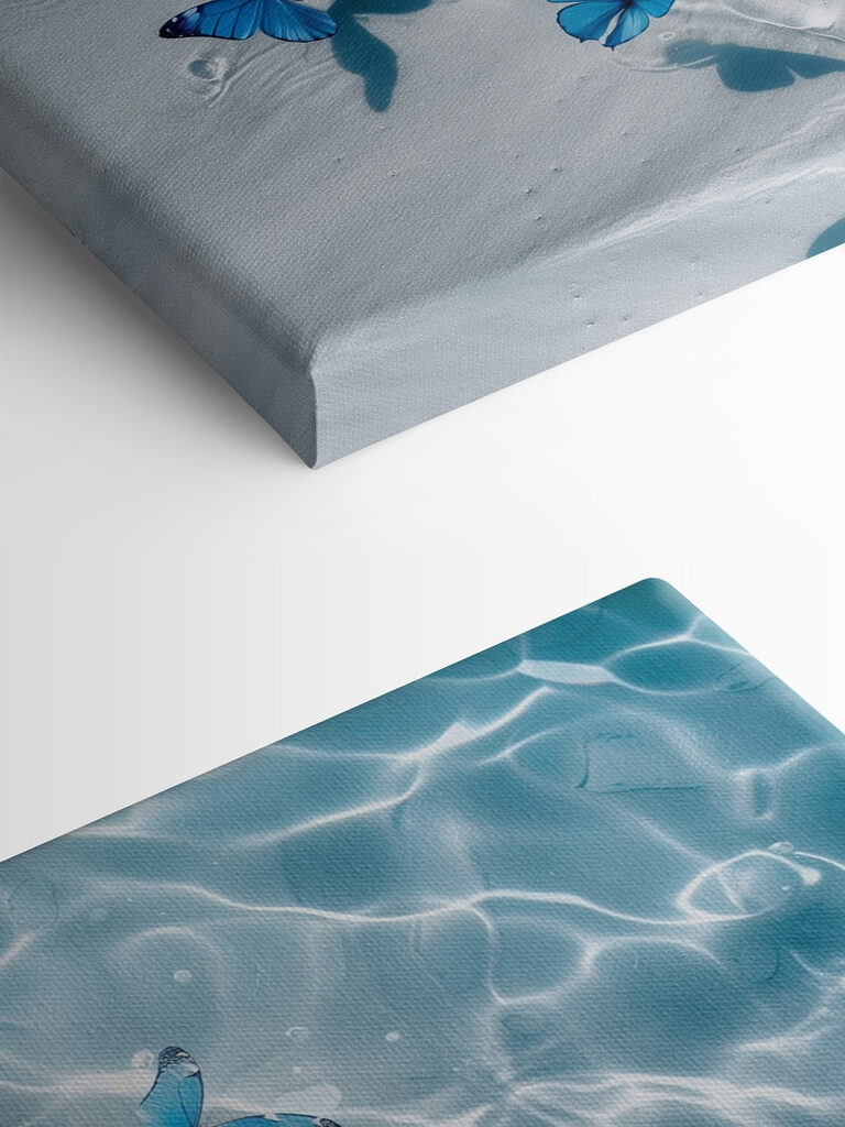 A group of blue butterflies floating on water A group of blue butterflies floating on water