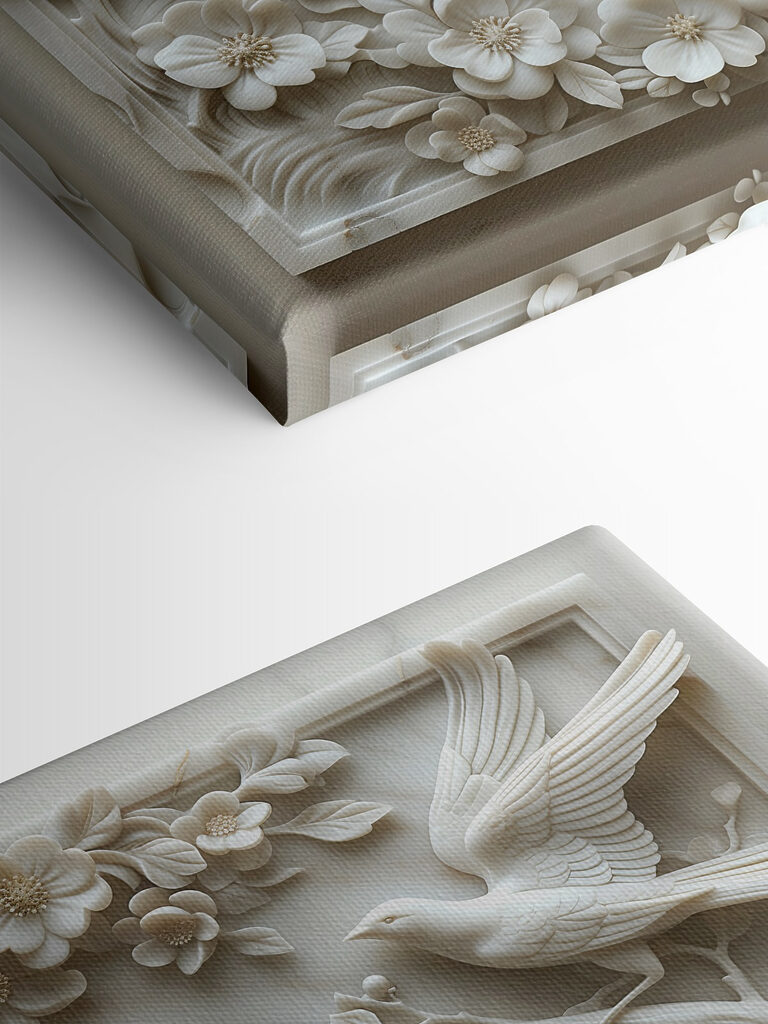 White sculpture of birds and flowers White sculpture of birds and flowers