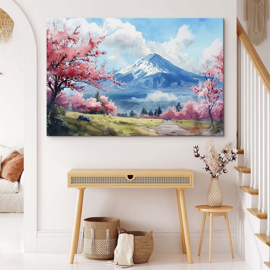 Mount Fuji rózsaszín virágokkal