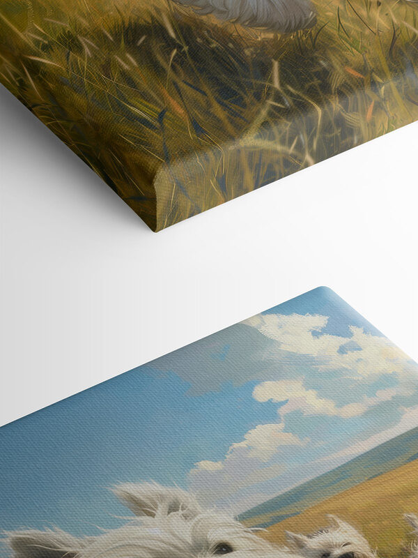 Group of white dogs running in a field Group of white dogs running in a field